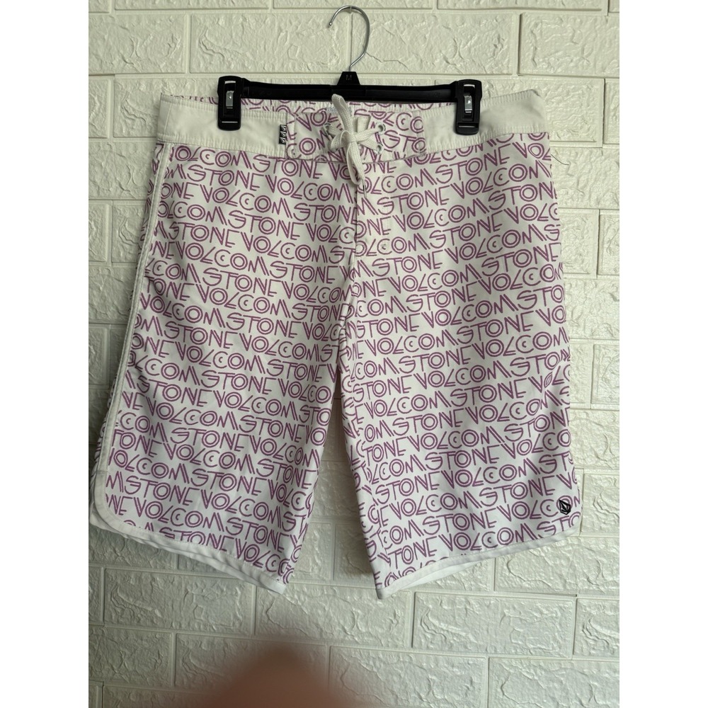 Volcom Miss Mod White Purple Embroidered Swim Board Shorts Womens 11 B082801